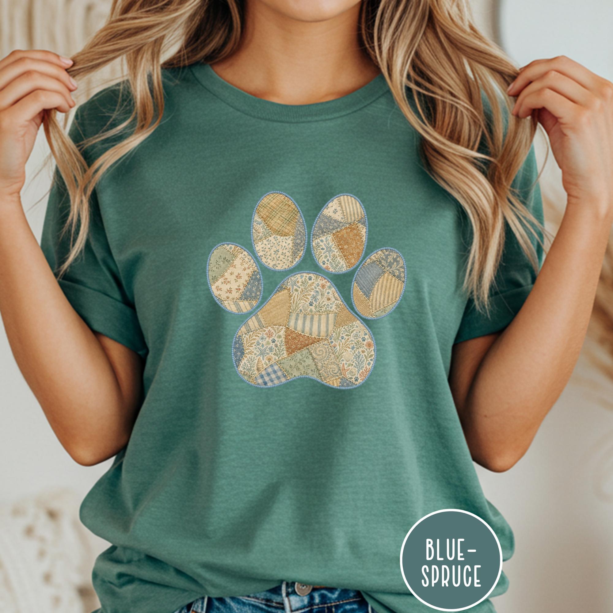 Faux Patchwork Coastal Seashore Dog Paw T-Shirt