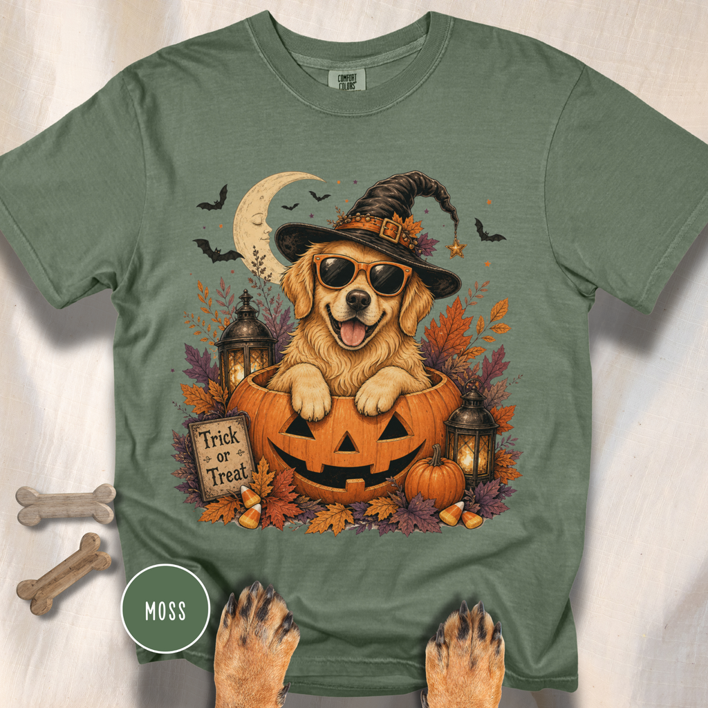 Golden Retriever in a Jack-o-Lantern T-shirt