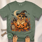 Golden Retriever in a Jack-o-Lantern T-shirt