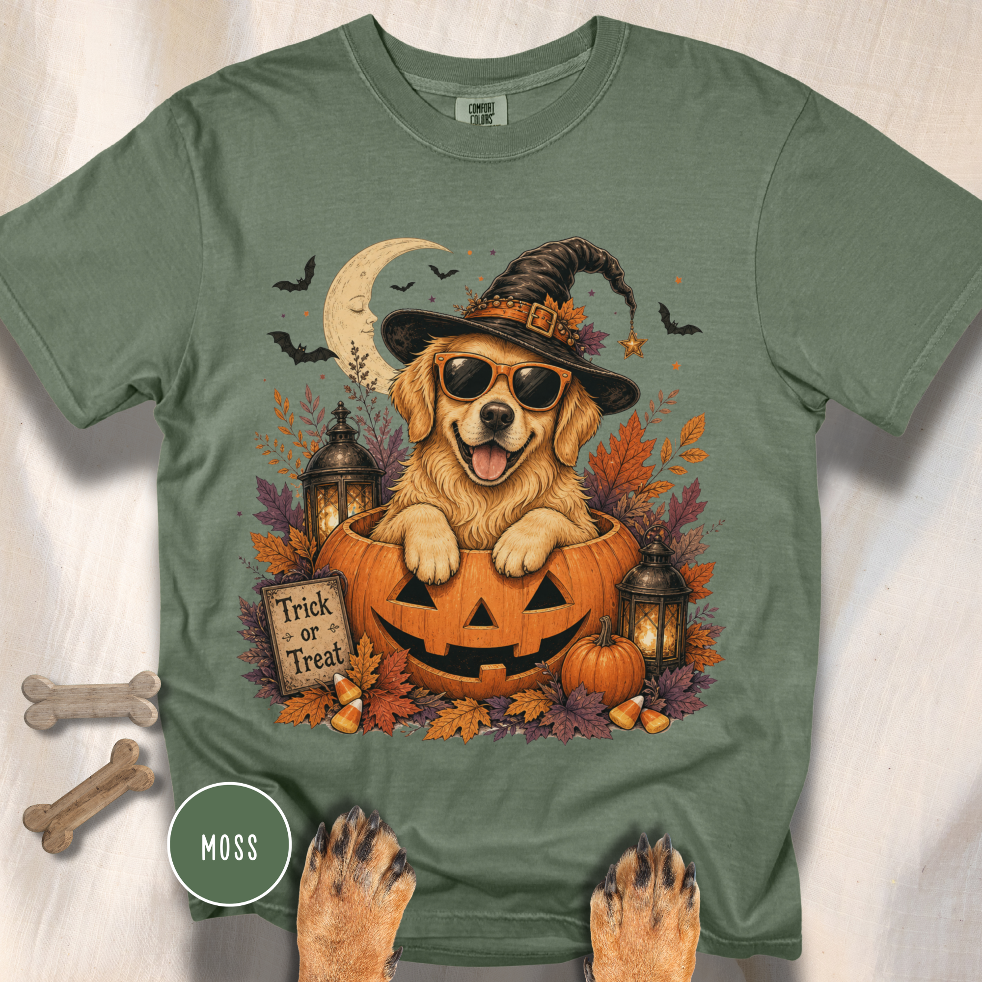 Golden Retriever in a Jack-o-Lantern T-shirt