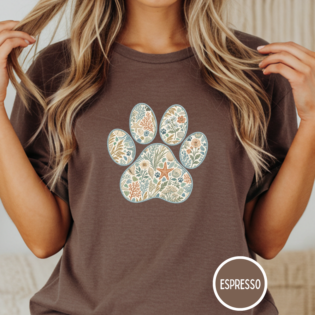 Coastal Seashore Vintage Botanical Dog Paw T-Shirt
