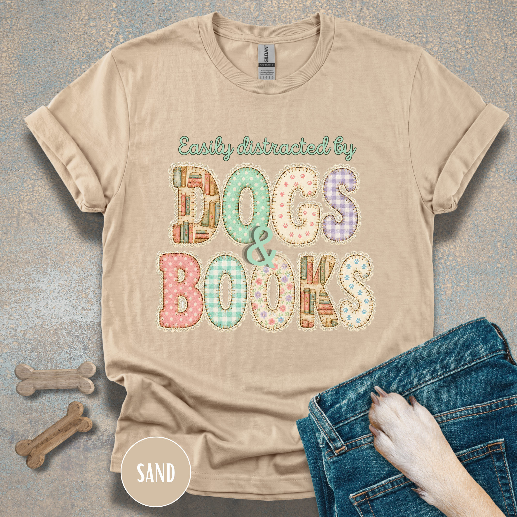 Easily Distracted by Dogs & Books faux patchwork T-Shirt
