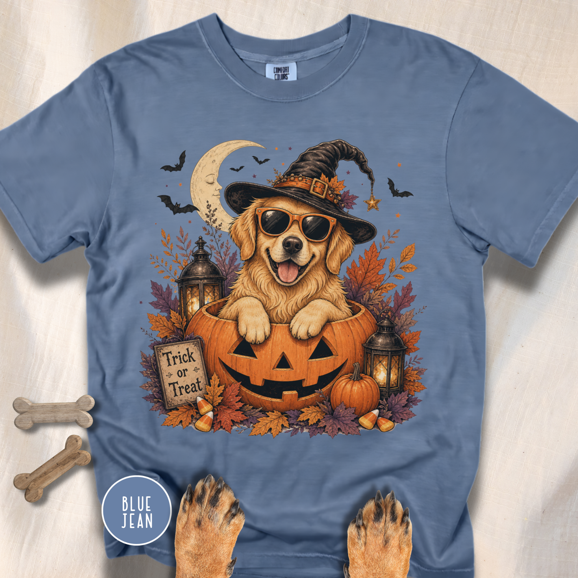 Golden Retriever in a Jack-o-Lantern T-shirt
