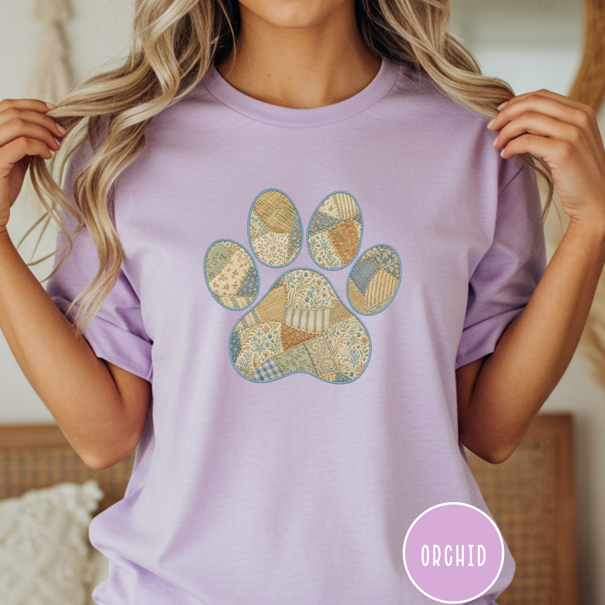 Faux Patchwork Coastal Seashore Dog Paw T-Shirt