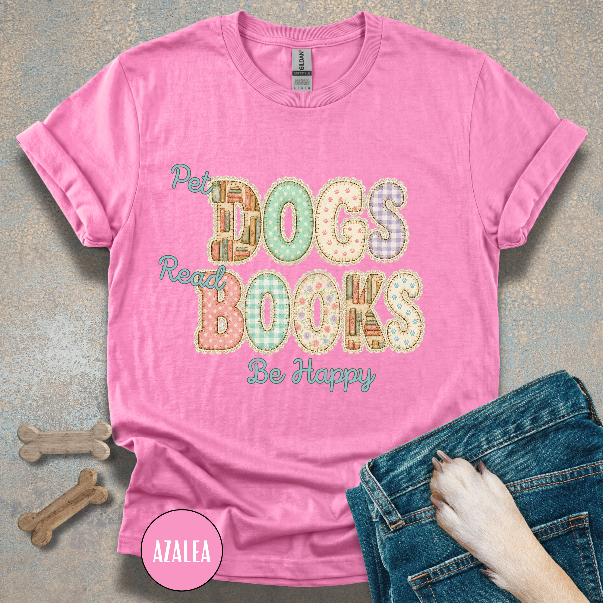 Pet Dogs, Read Books, Be Happy faux patchwork T-Shirt