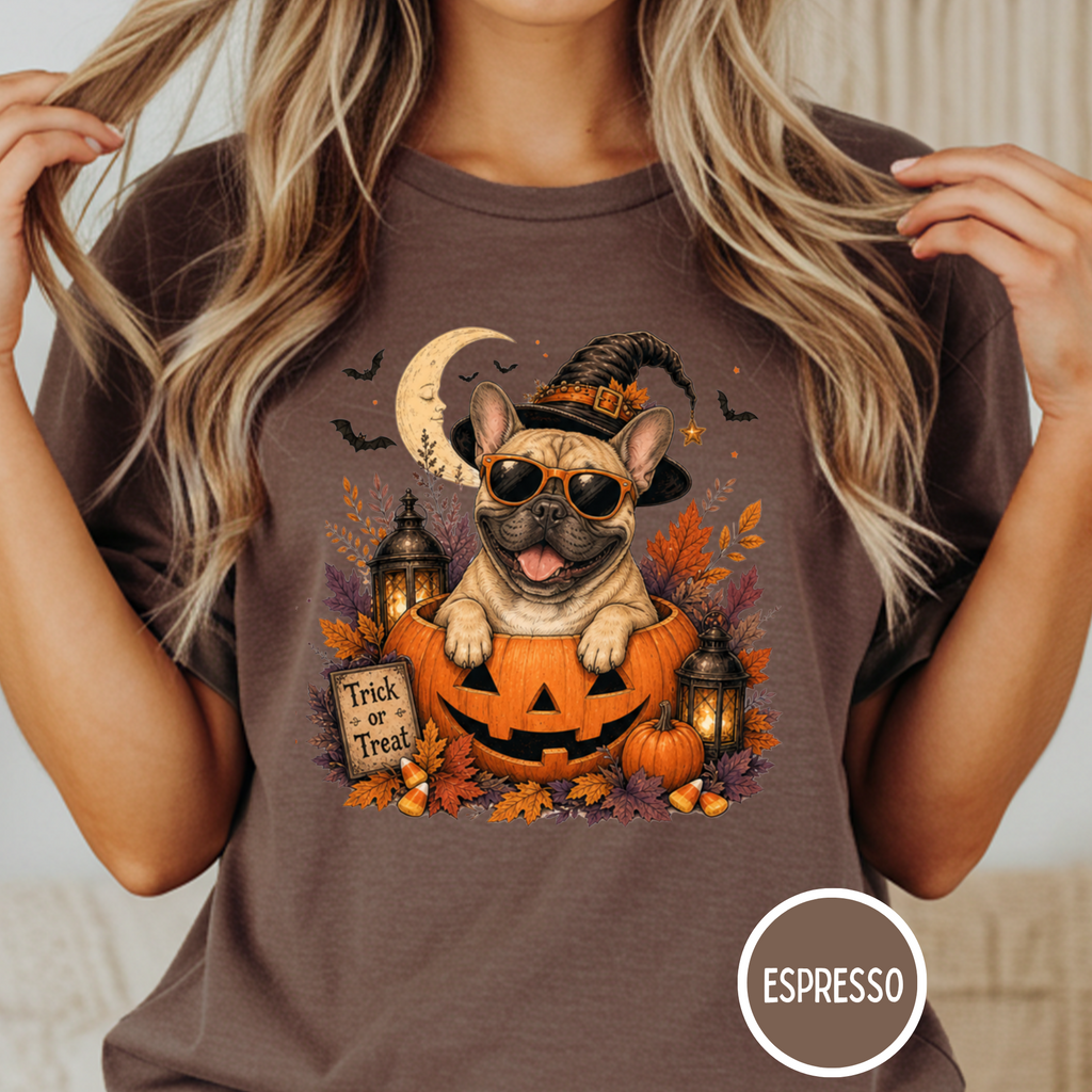 French Bull Dog in a Jack-o-Lantern T-shirt