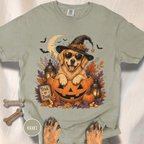 Golden Retriever in a Jack-o-Lantern T-shirt