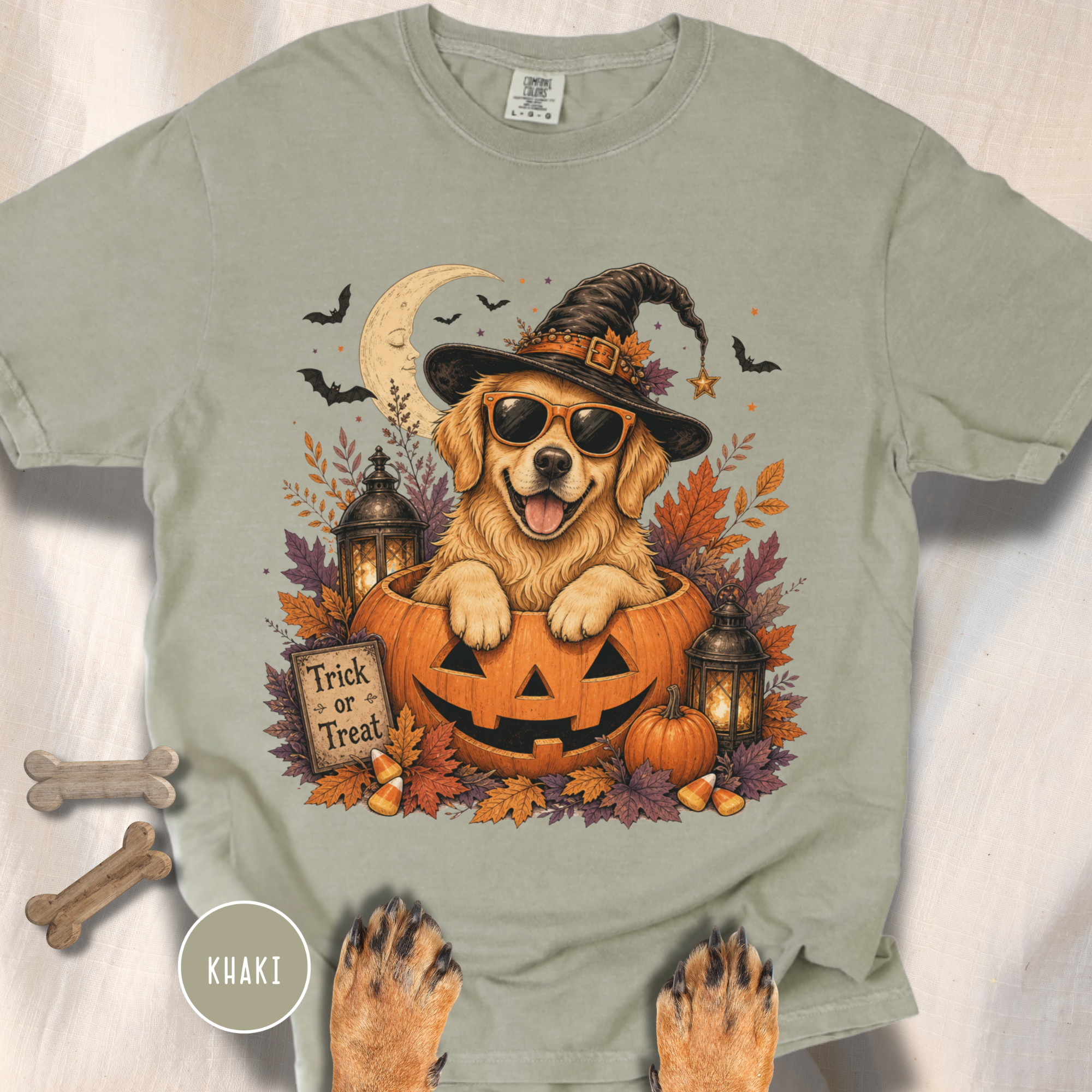 Golden Retriever in a Jack-o-Lantern T-shirt