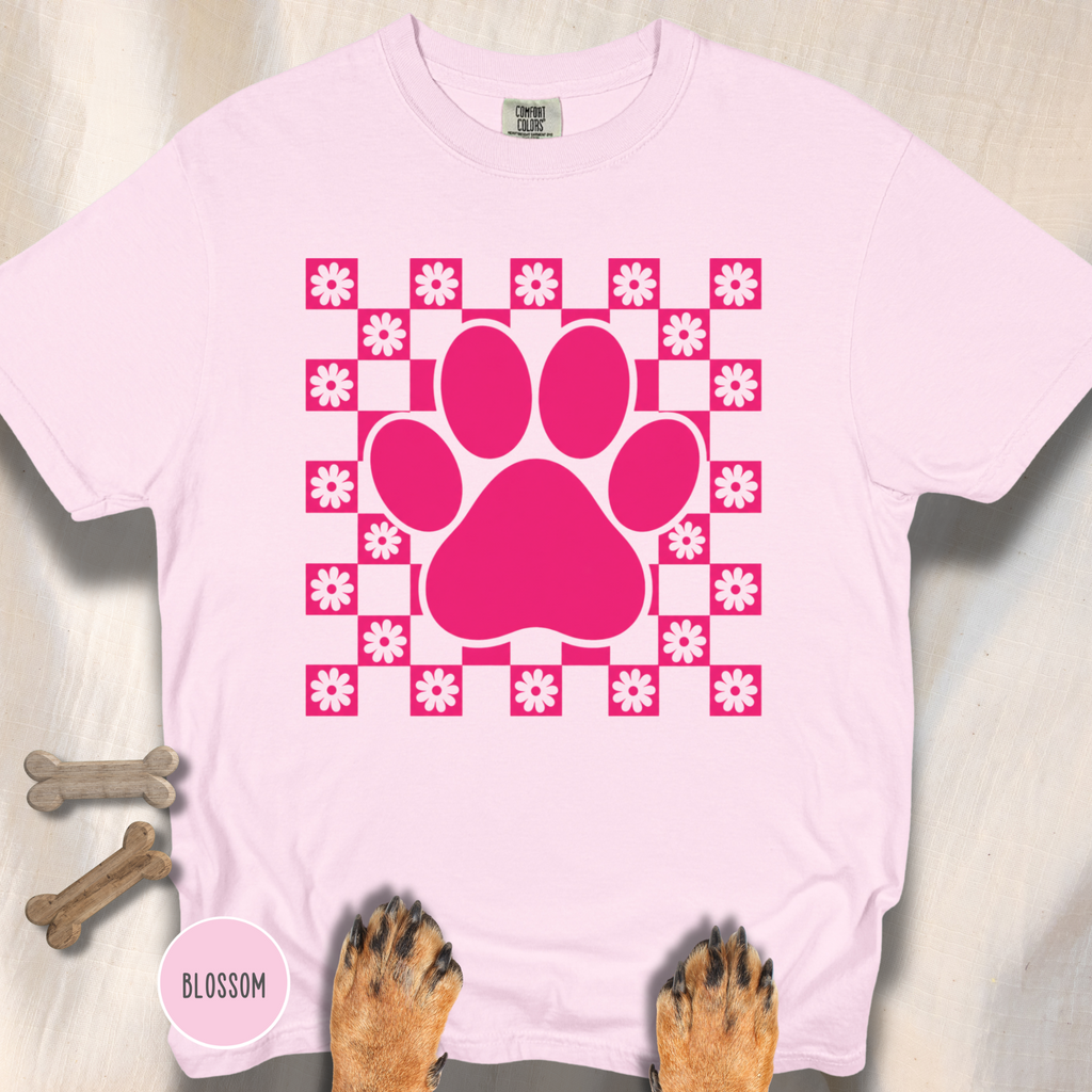 Retro Pink Daisy Grid Paw Print T-shirt