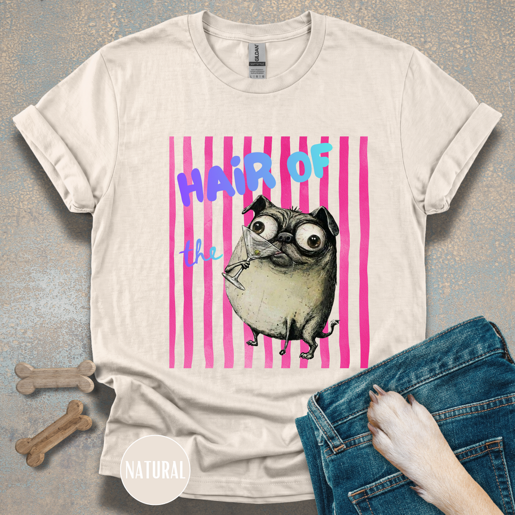 Hair of the Dog Pug Hangover T-Shirt. Pink stripes, blue gradient text