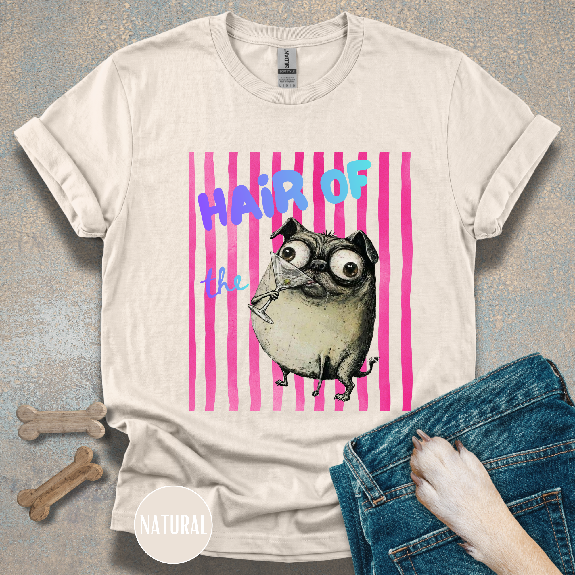 Hair of the Dog Pug Hangover T-Shirt. Pink stripes, blue gradient text