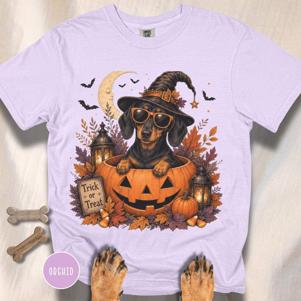 Dachshund in a Jack-o-Lantern T-shirt