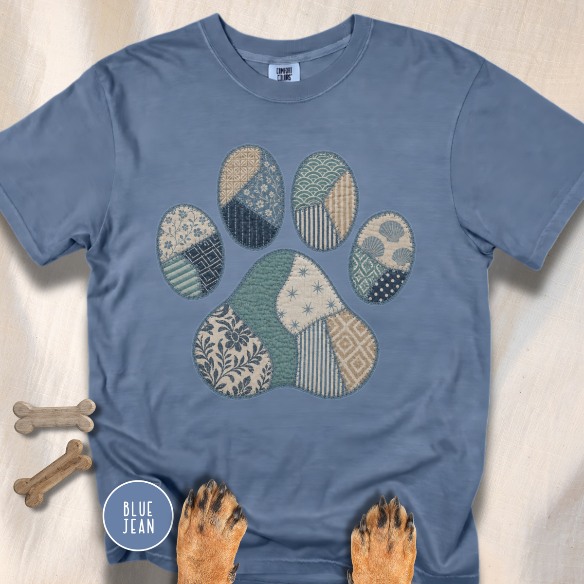 Faux Patchwork Coastal Dog Paw T-shirt