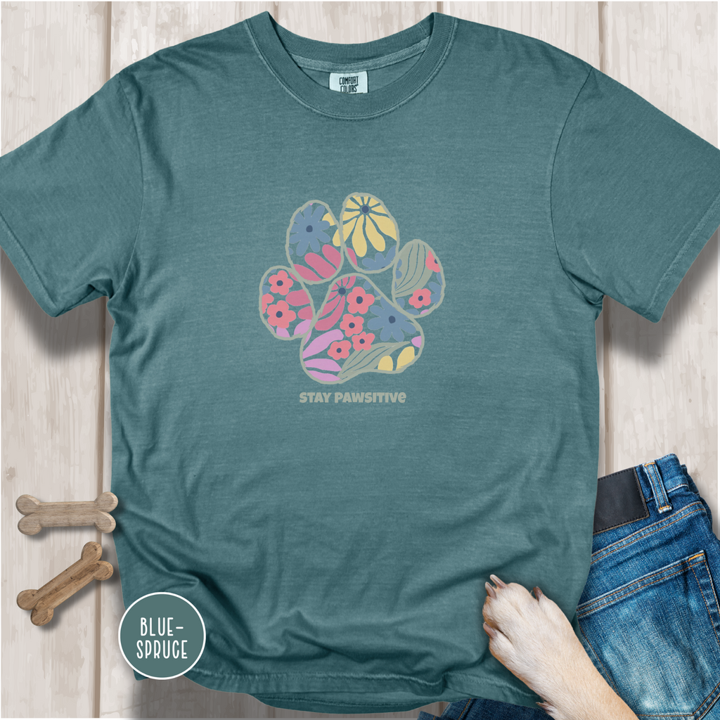 Stay Pawsitive Floral Paw Print T-Shirt