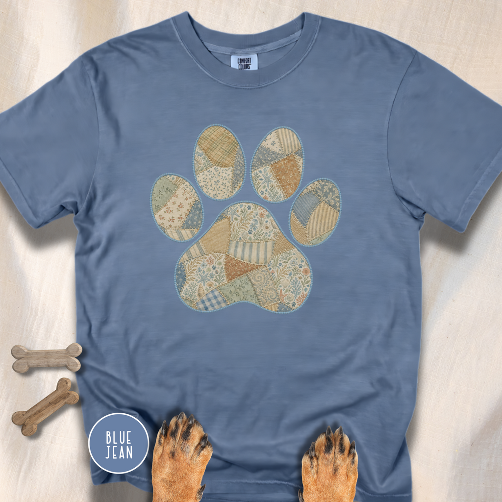 Faux Patchwork Coastal Seashore Dog Paw T-Shirt