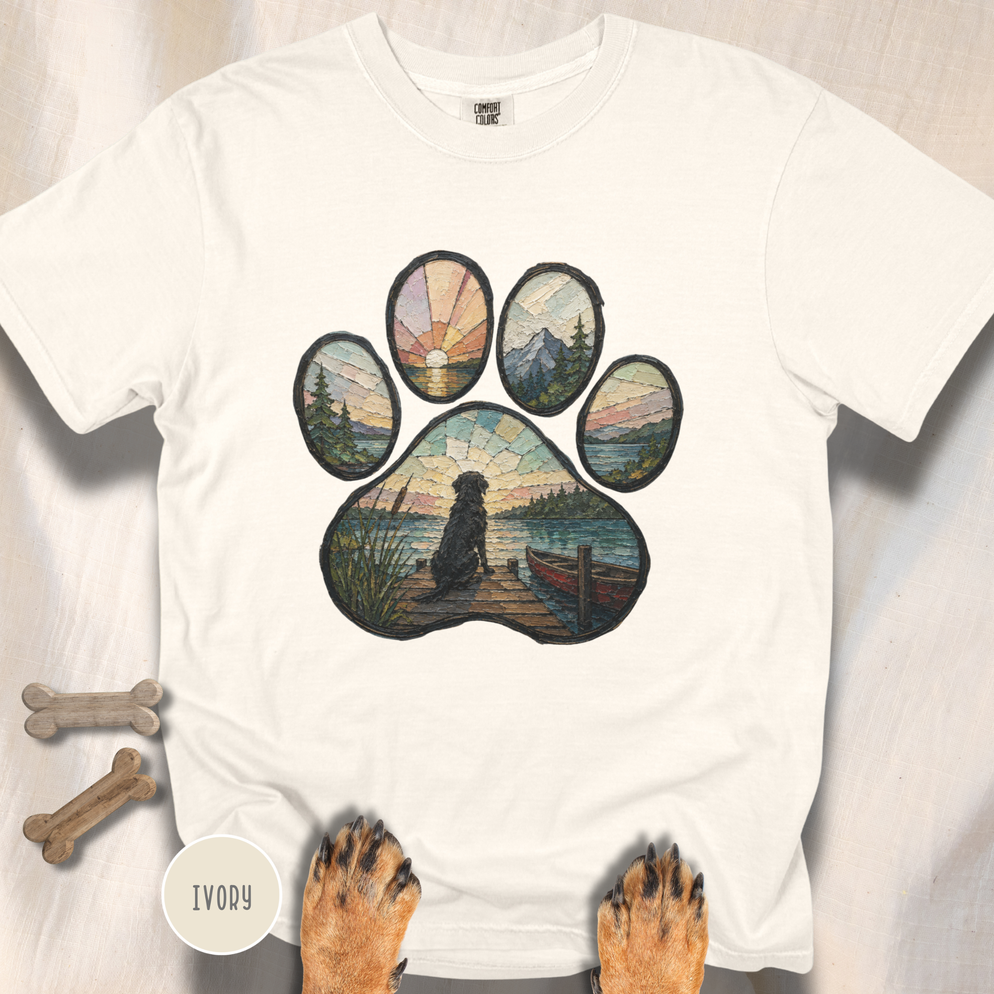 Lake Life Stained Glass Paw Print T-shirt