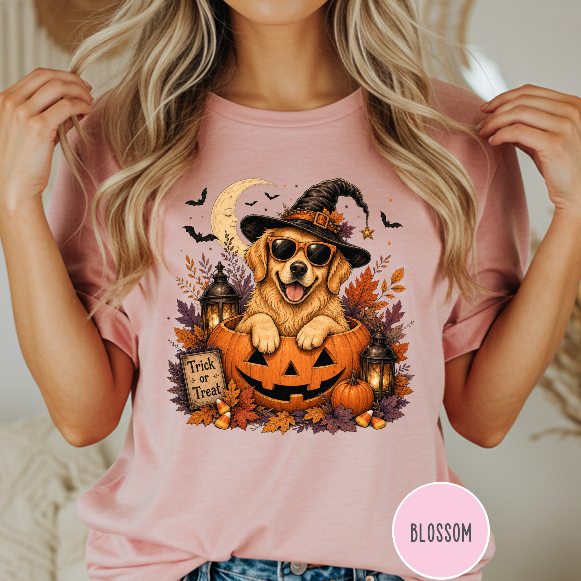 Golden Retriever in a Jack-o-Lantern T-shirt
