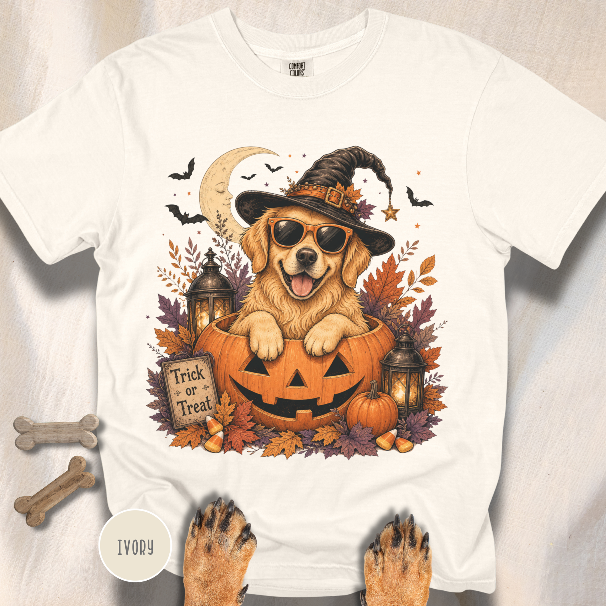 Golden Retriever in a Jack-o-Lantern T-shirt