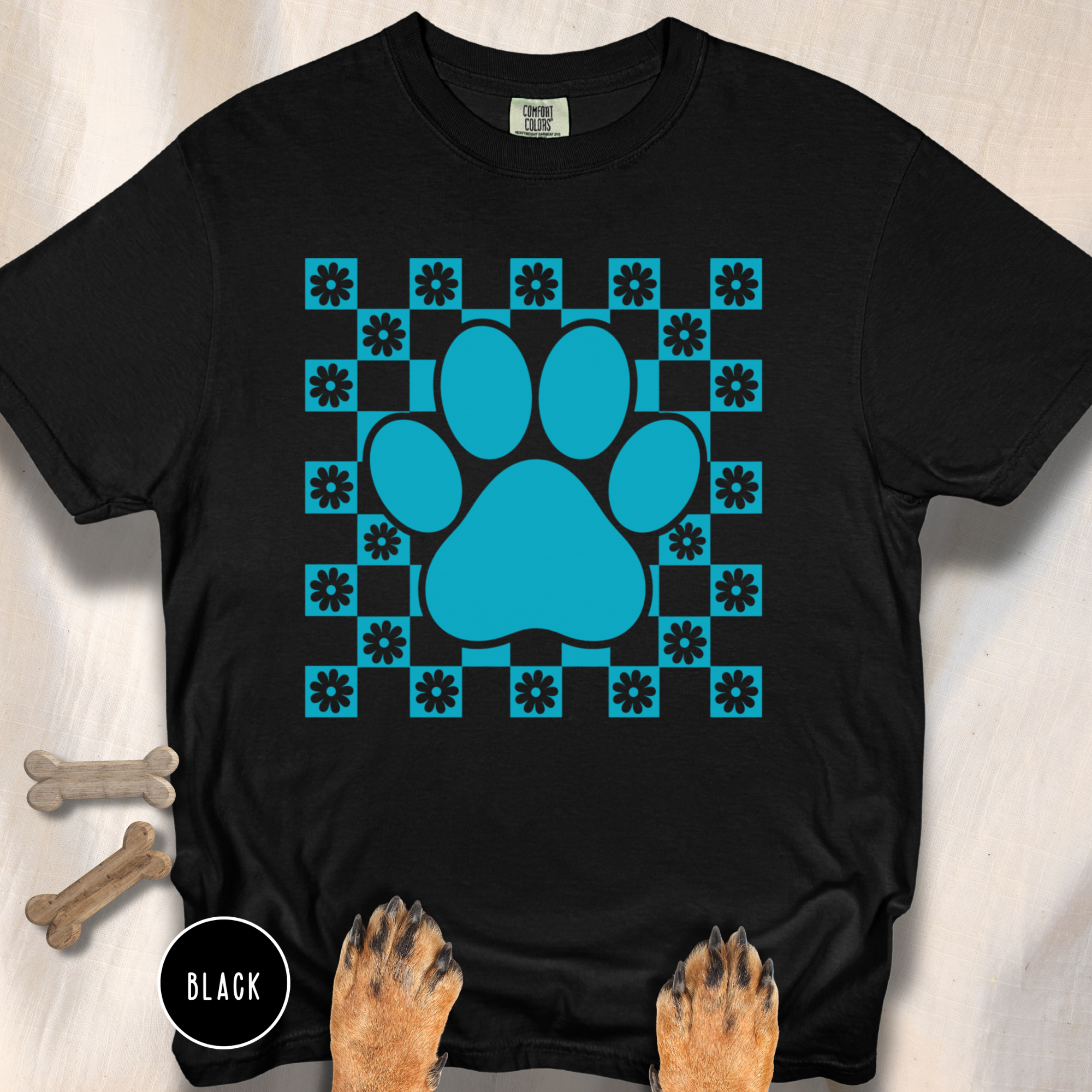 Retro Daisy Grid Paw Print T-shirt