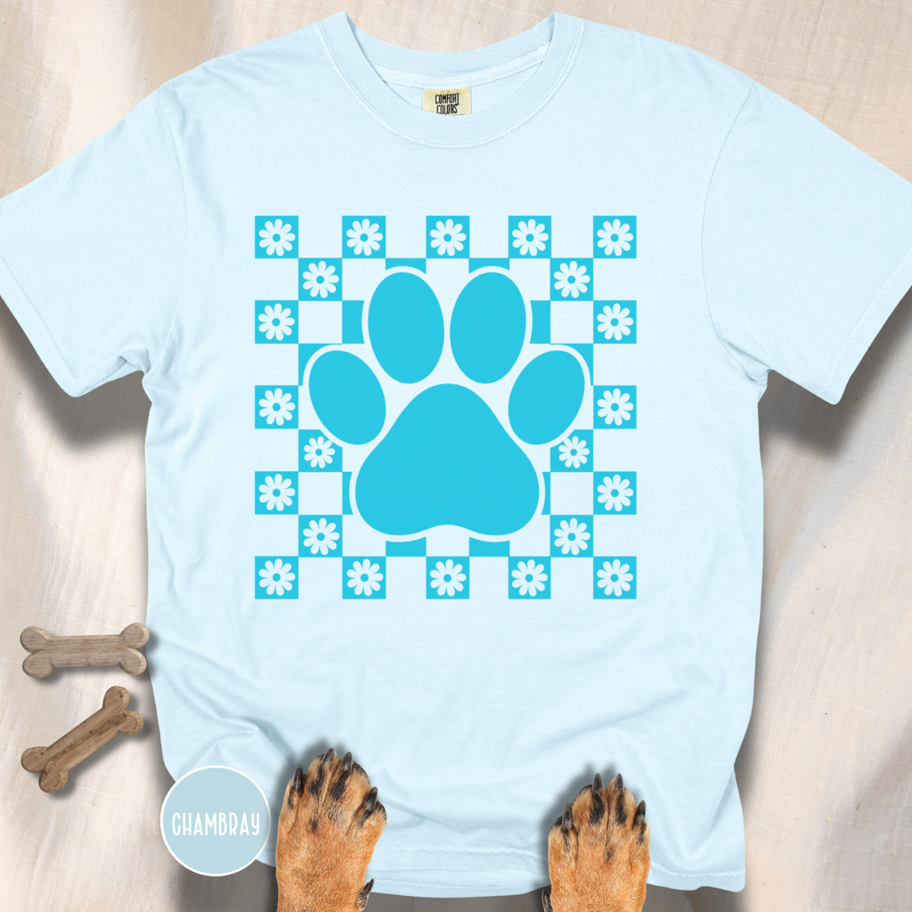 Retro Daisy Grid Paw Print T-shirt