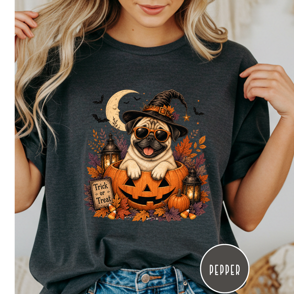 Pug in a Jack-o-Lantern T-shirt