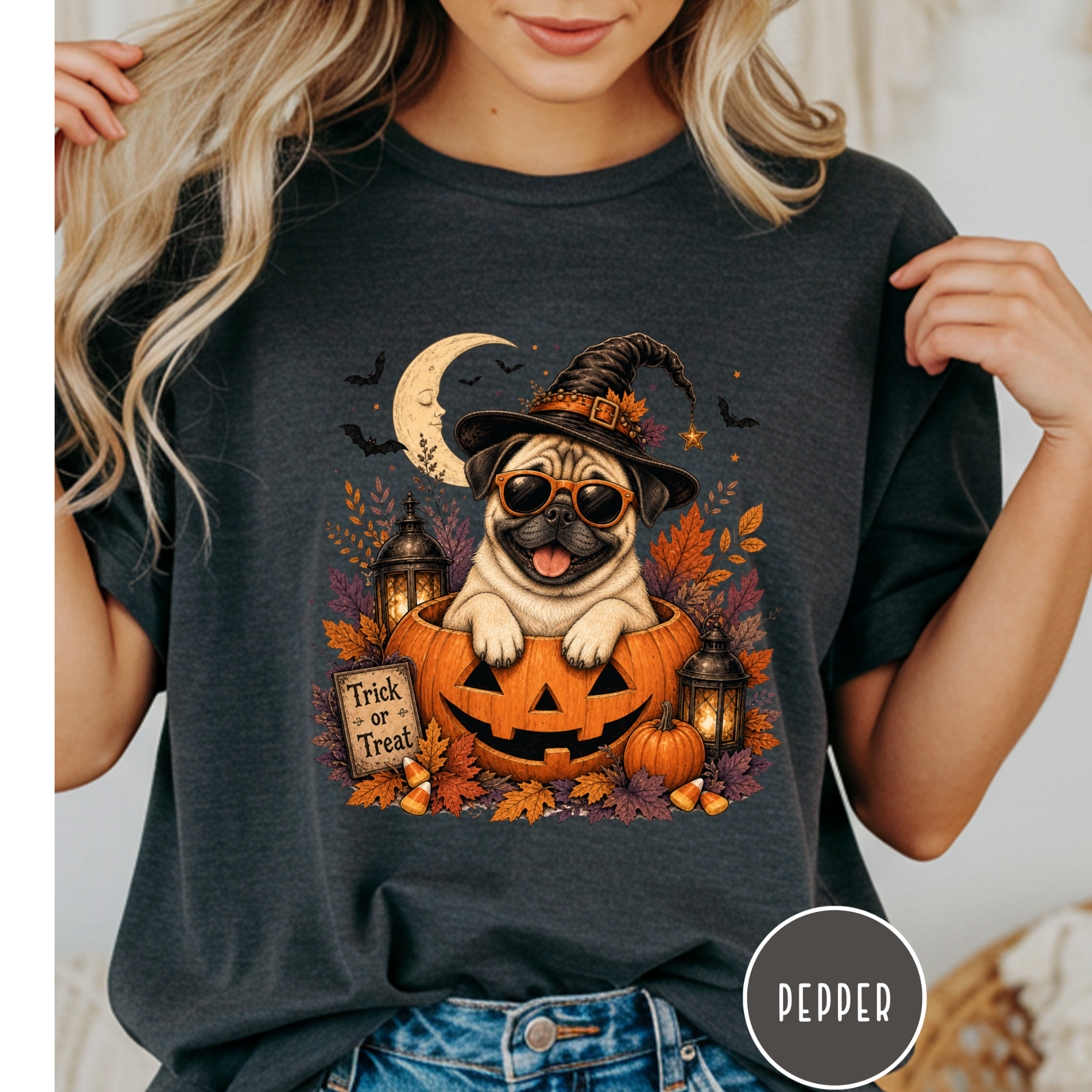Pug in a Jack-o-Lantern T-shirt