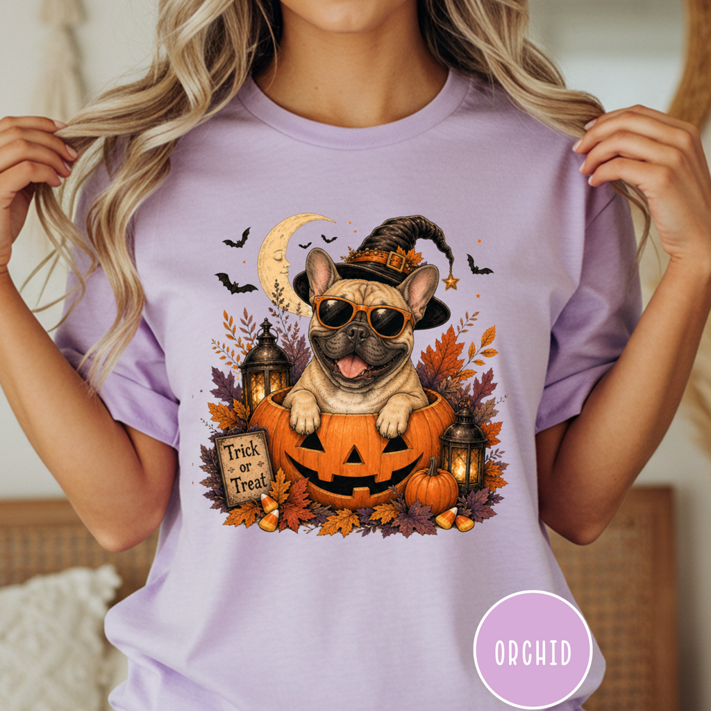 French Bull Dog in a Jack-o-Lantern T-shirt