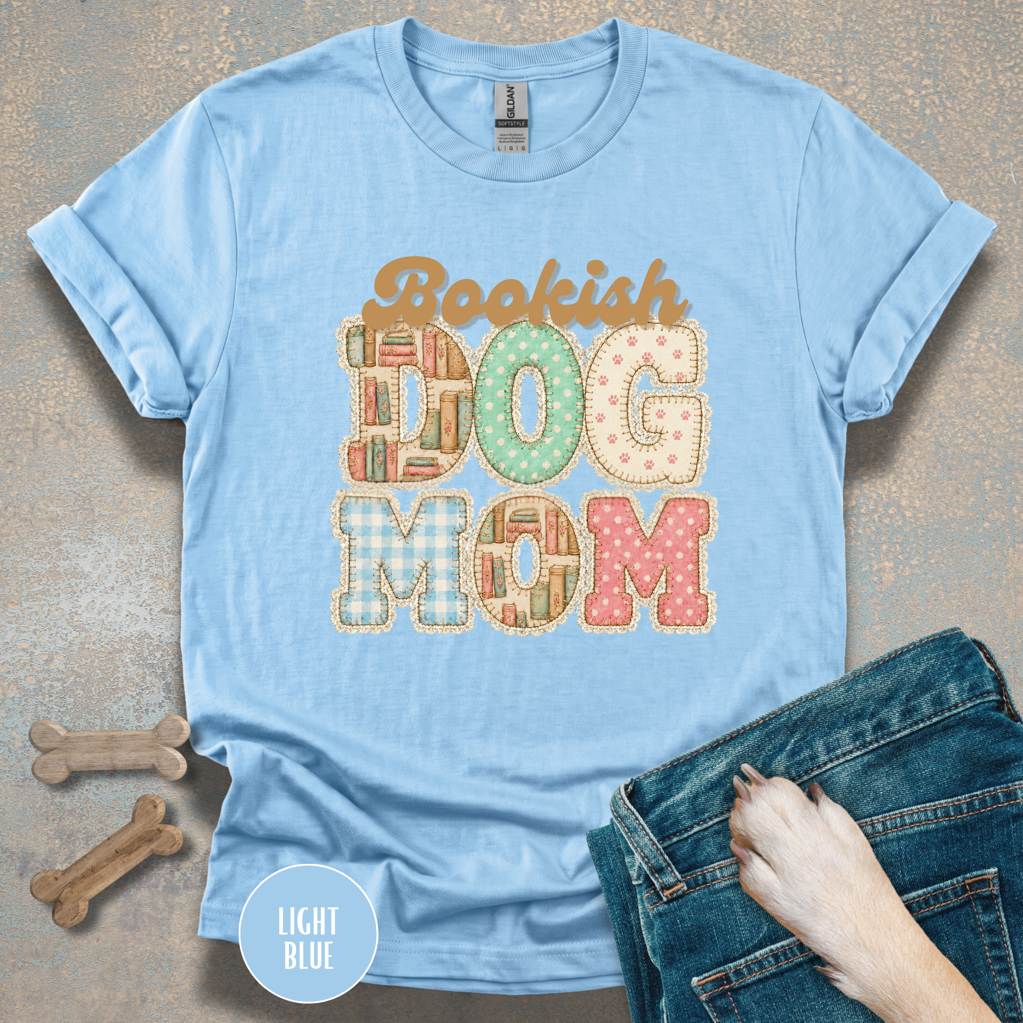 Bookish Dog Mom faux patchwork T-Shirt