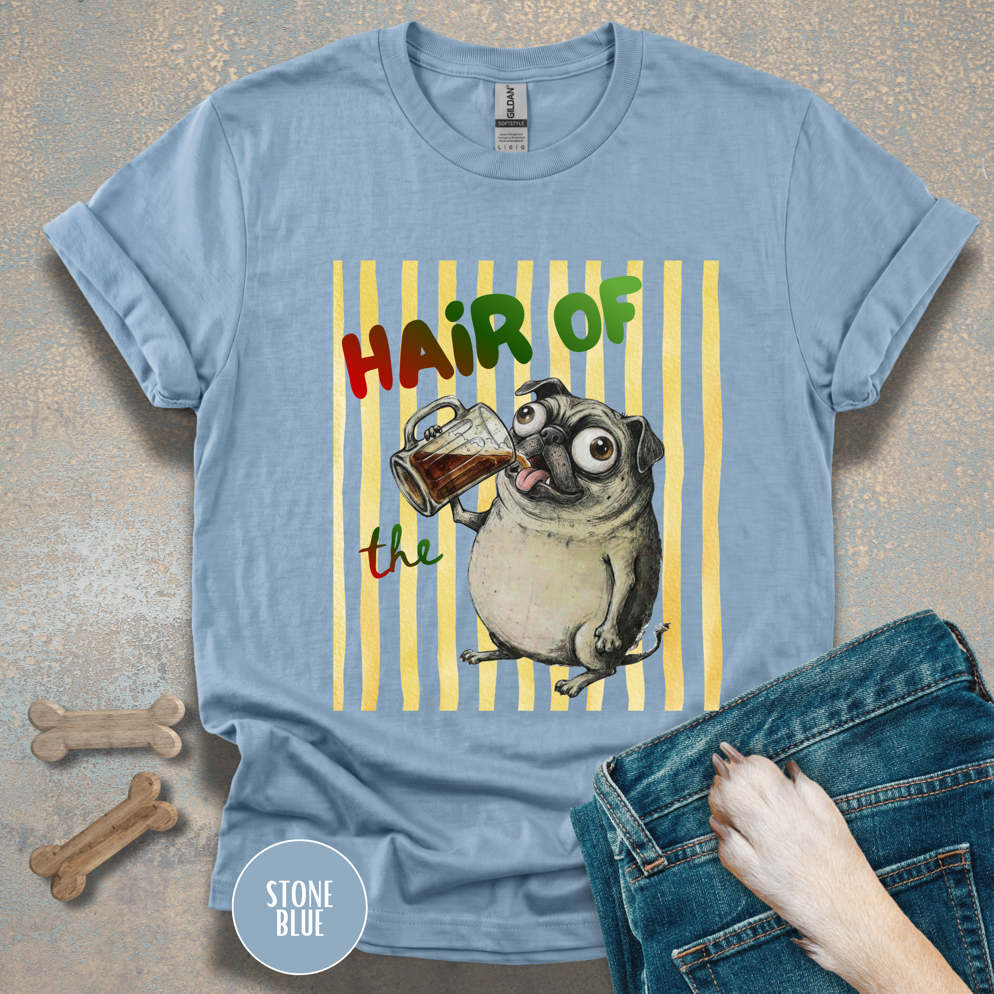 Hair of the Dog Pug with Beer T-shirt, Yellow stripes