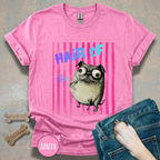 Hair of the Dog Pug Hangover T-Shirt. Pink stripes, blue gradient text
