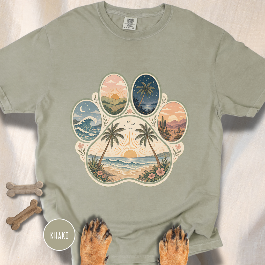 Retro Beach Scene Paw Print T-shirt