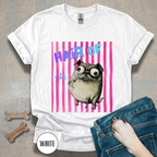 Hair of the Dog Pug Hangover T-Shirt. Pink stripes, blue gradient text