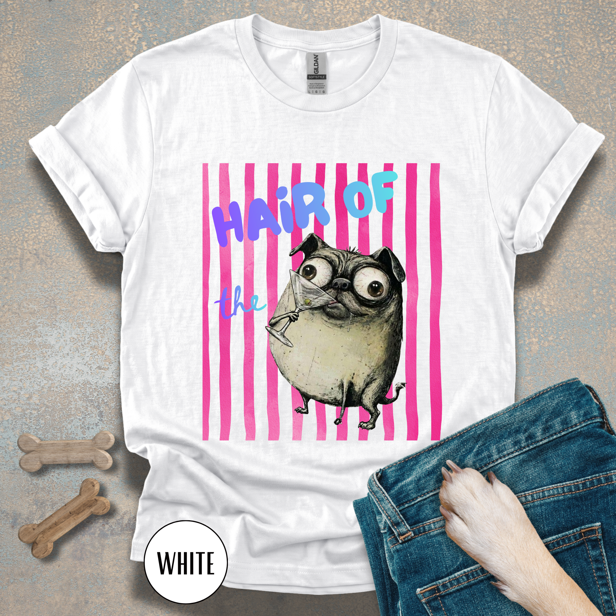 Hair of the Dog Pug Hangover T-Shirt. Pink stripes, blue gradient text