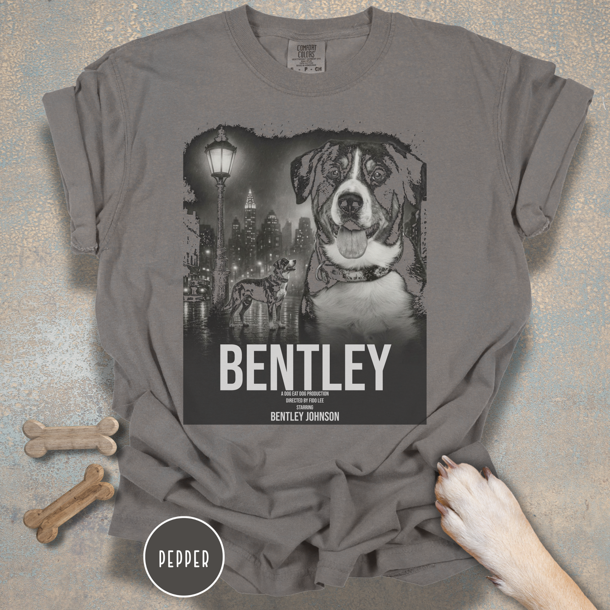 Personalized Dog Movie Poster T-shirt  – Custom Film Noir Pet Portrait Shirt, Vintage Cinematic Dog Lover Gift