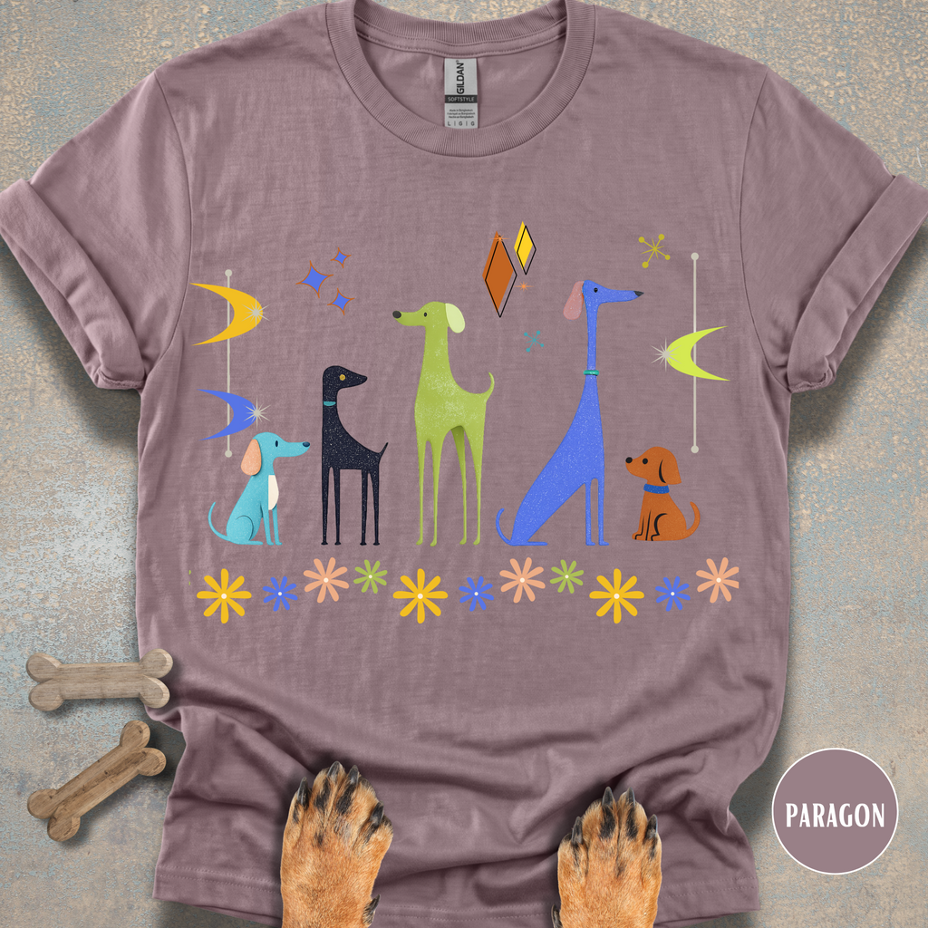 Retro Atomic Dogs Graphic T-Shirt – Mid Century Modern Dog Lover Tee