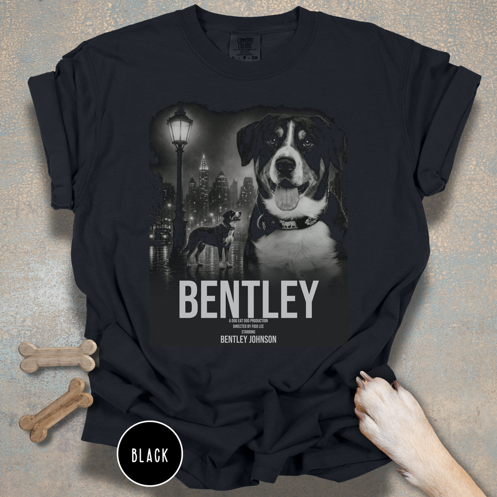 Personalized Dog Movie Poster T-shirt  – Custom Film Noir Pet Portrait Shirt, Vintage Cinematic Dog Lover Gift