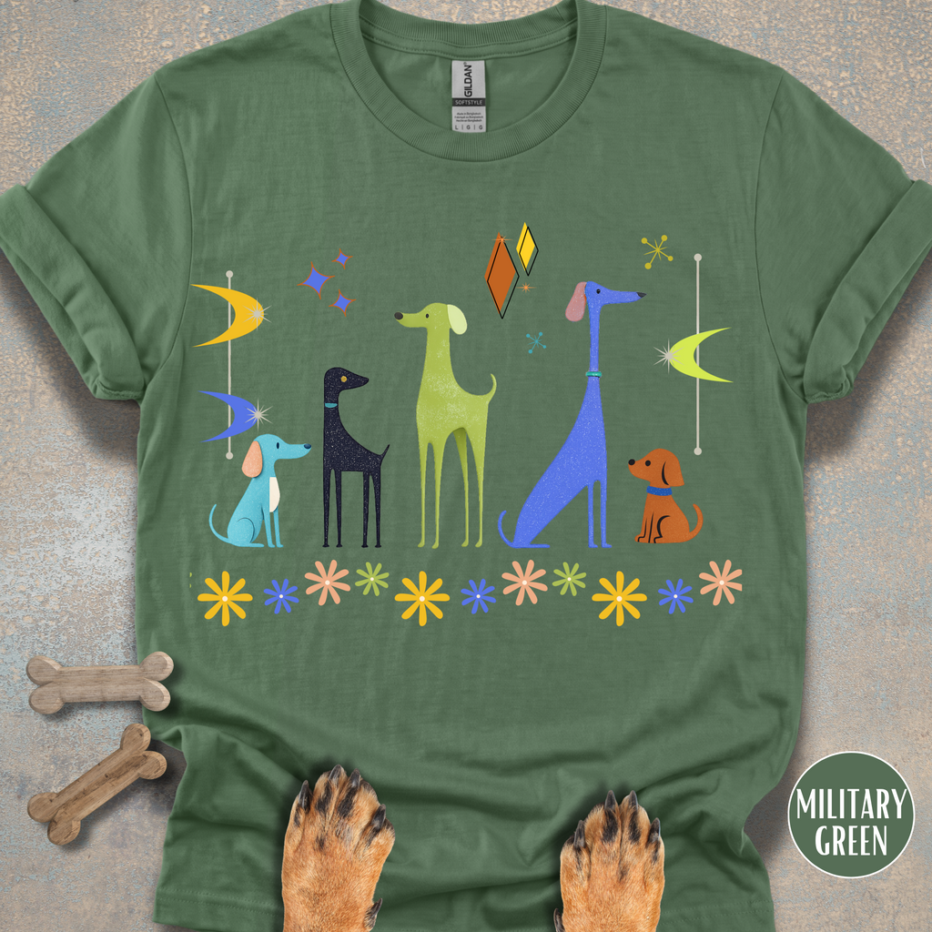Retro Atomic Dogs Graphic T-Shirt – Mid Century Modern Dog Lover Tee