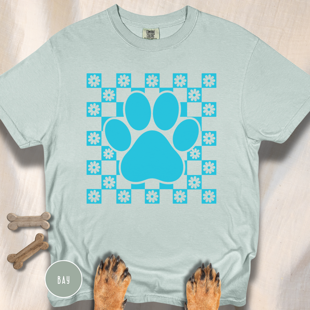 Retro Daisy Grid Paw Print T-shirt