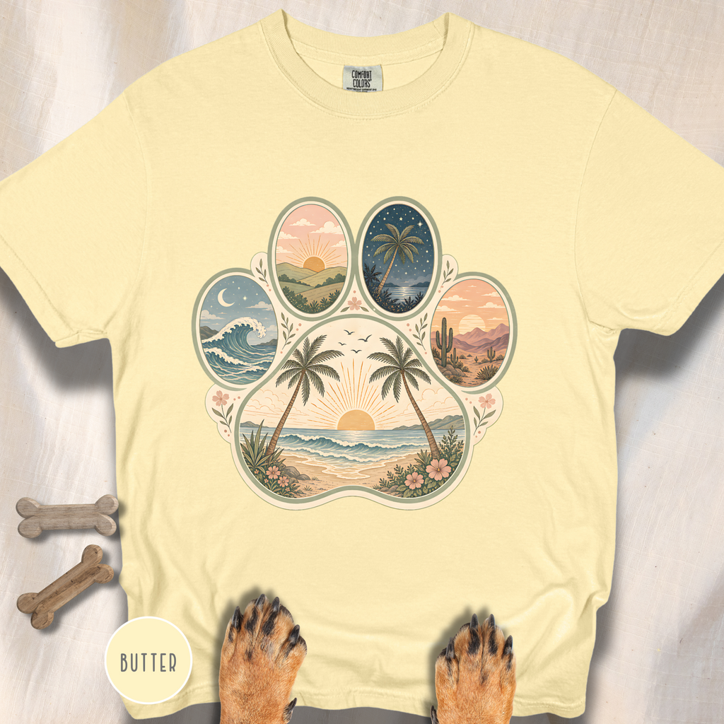 Retro Beach Scene Paw Print T-shirt