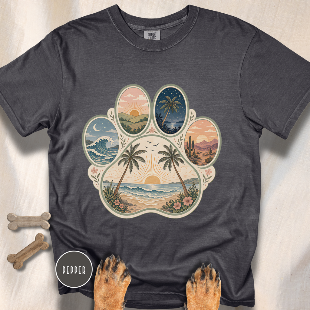 Retro Beach Scene Paw Print T-shirt