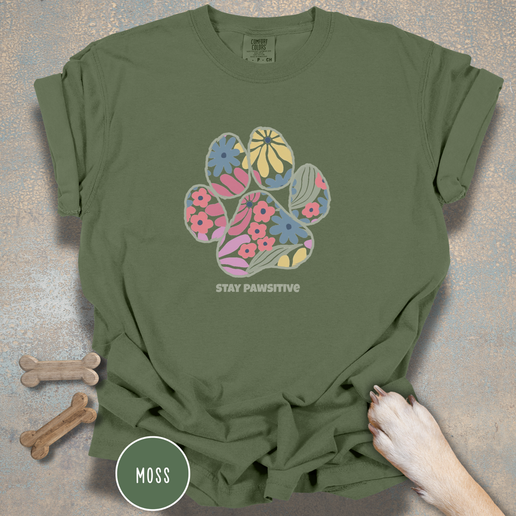 Stay Pawsitive Floral Paw Print T-Shirt