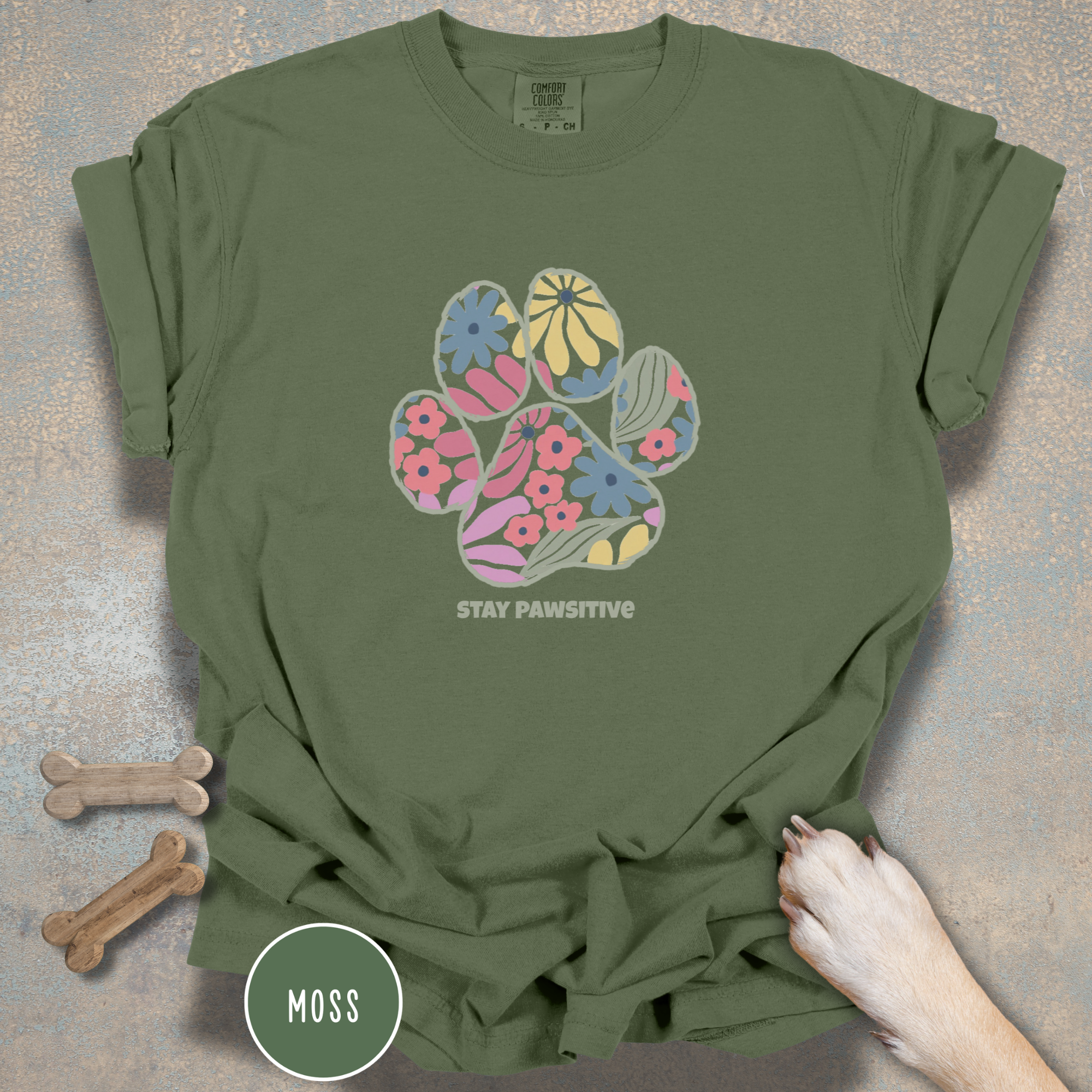 Stay Pawsitive Floral Paw Print T-Shirt