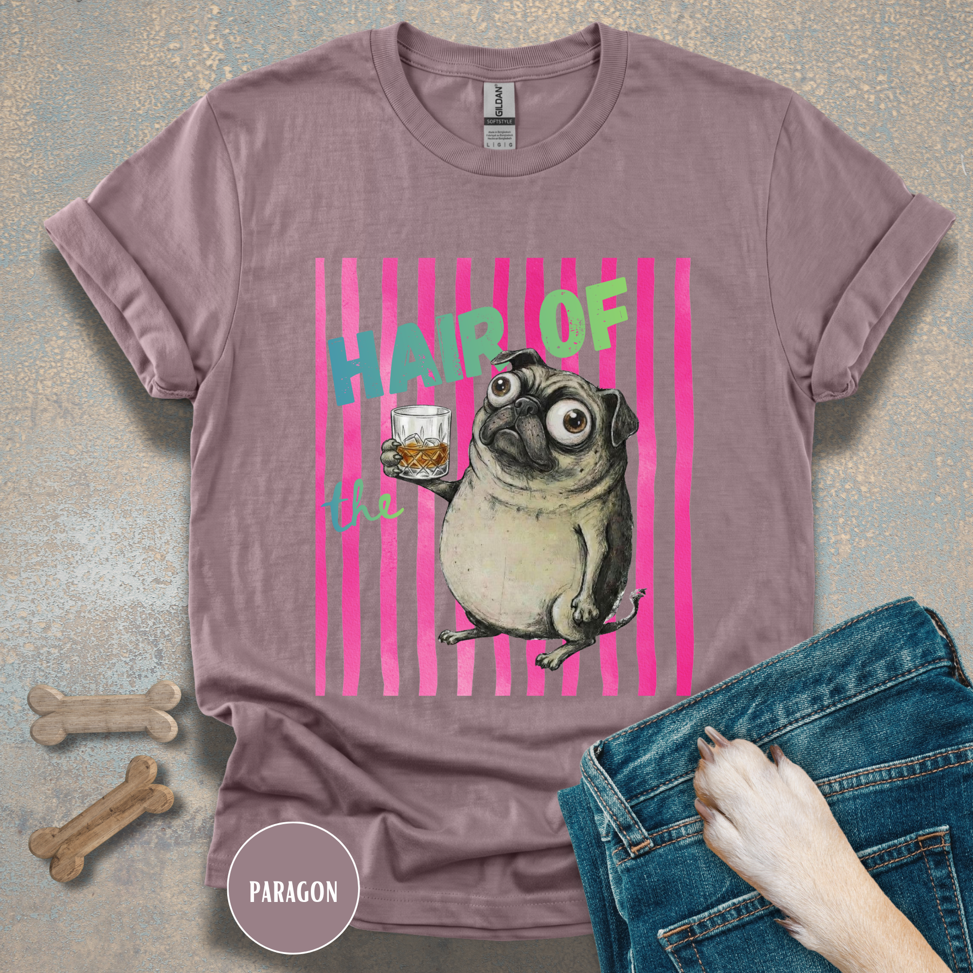 Whiskey, Hair of the Dog Pug Hangover T-Shirt. Pink stripes