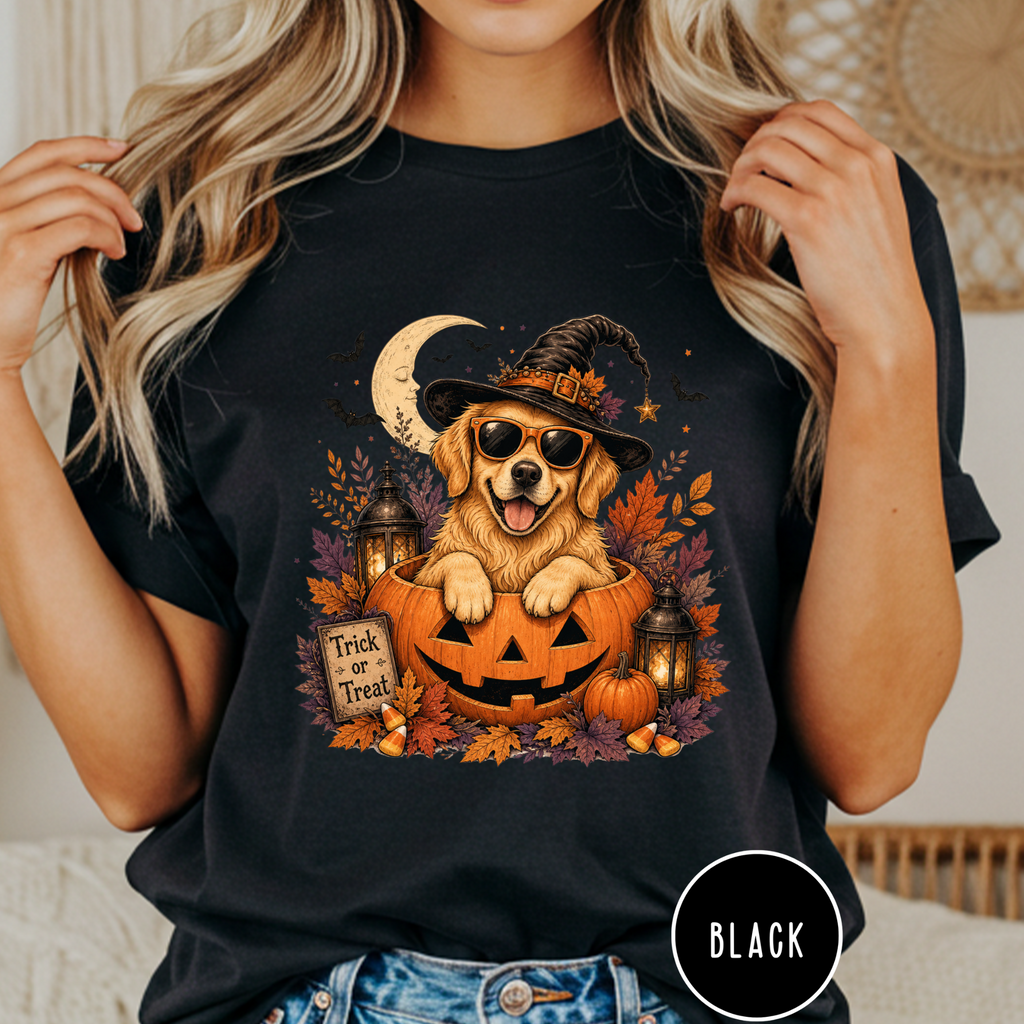 Golden Retriever in a Jack-o-Lantern T-shirt