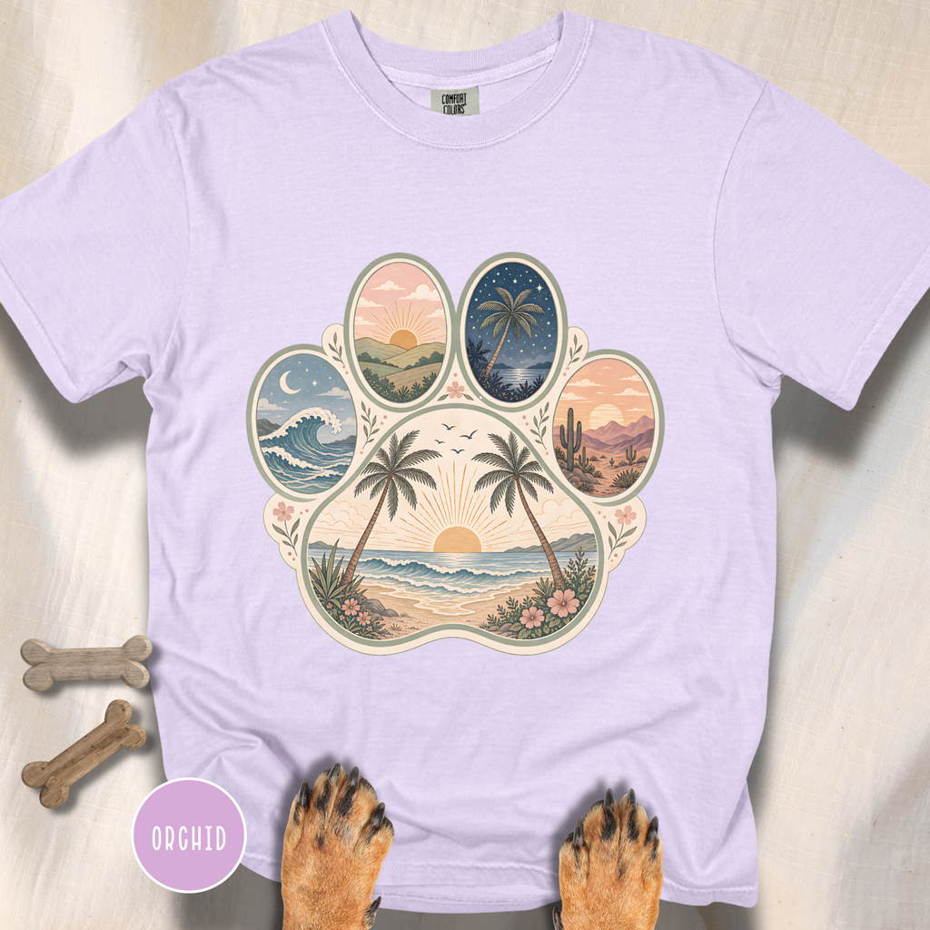 Retro Beach Scene Paw Print T-shirt