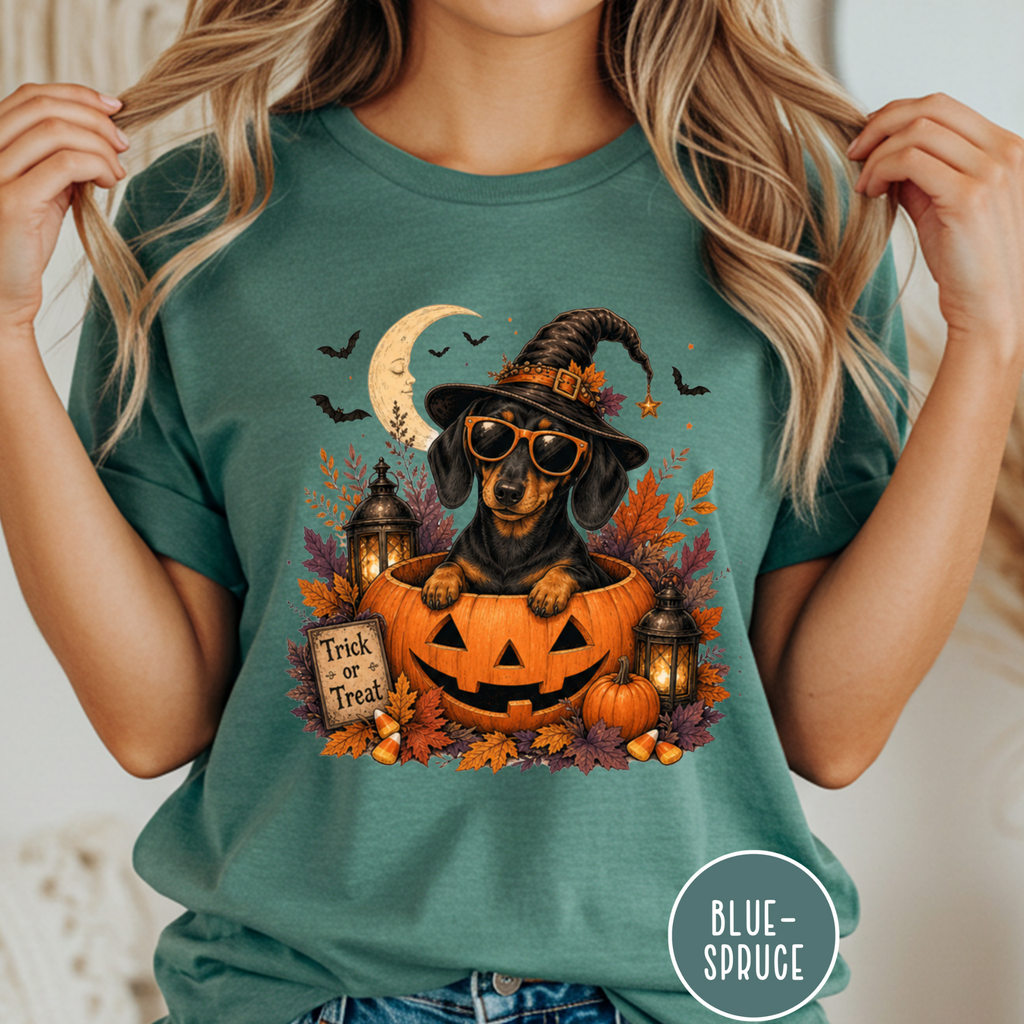 Dachshund in a Jack-o-Lantern T-shirt