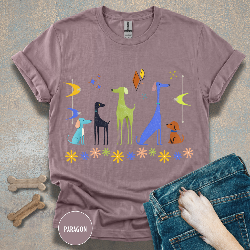 Retro Atomic Dogs Graphic T-Shirt – Mid Century Modern Dog Lover Tee
