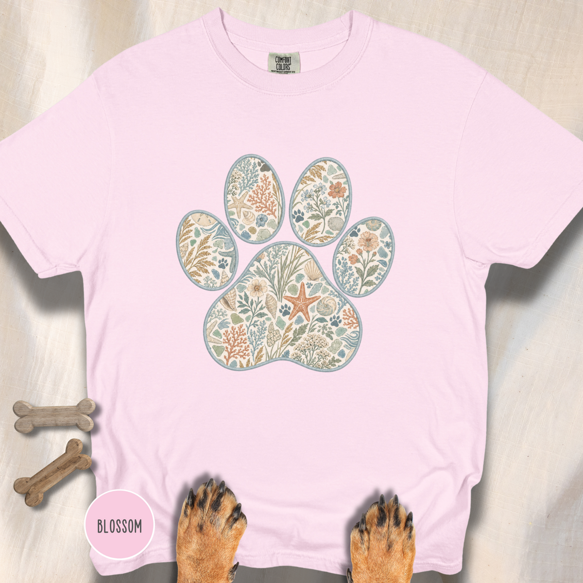 Coastal Seashore Vintage Botanical Dog Paw T-Shirt