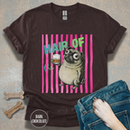 Whiskey, Hair of the Dog Pug Hangover T-Shirt. Pink stripes