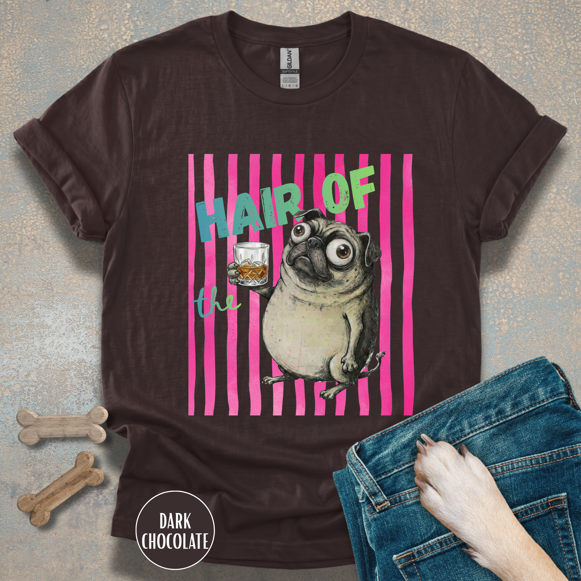 Whiskey, Hair of the Dog Pug Hangover T-Shirt. Pink stripes